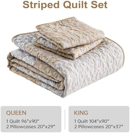 Boho Quilt Set King Size Beige Striped Coverlet 3 Pieces
