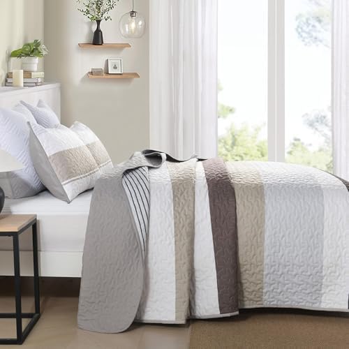 Dinjoy Grey Boho Quilt Set Queen Size Striped Patchwork 1