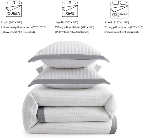Bonlino White Quilt Set Queen Size with Grey Border