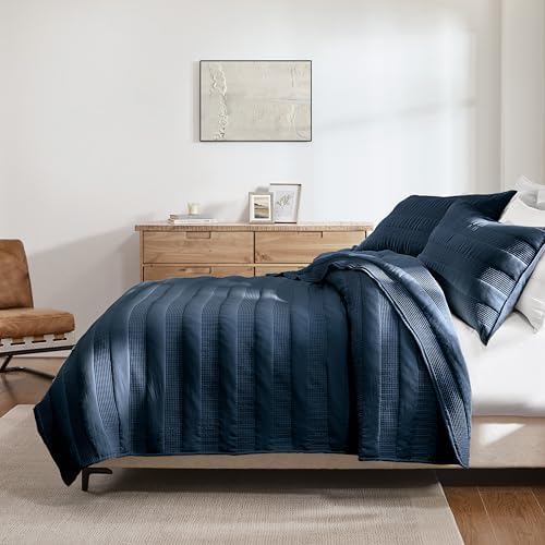 HomeSerene Navy Blue Striped Twin Quilt Set