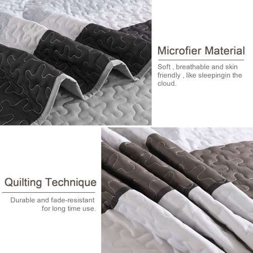 Dinjoy Grey Boho Quilt Set Queen Size Striped Patchwork 1