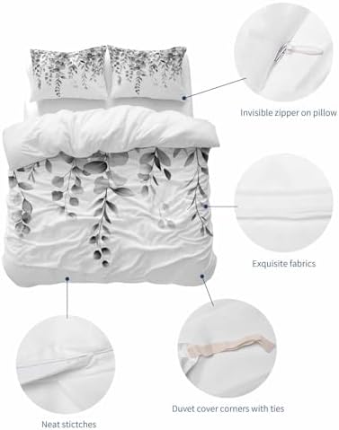 ZOE GARDEN Grey Eucalyptus Duvet Cover Set Full Size 3 Piece