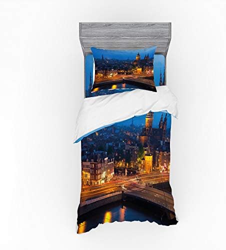 Ambesonne City Duvet Cover Set - Amsterdam Night View Twin XL Blue Marigold Tan