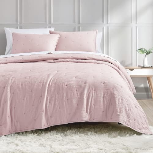 BOURINA Embroidery Quilt Set - 3-Piece Star Design Flesh Pink