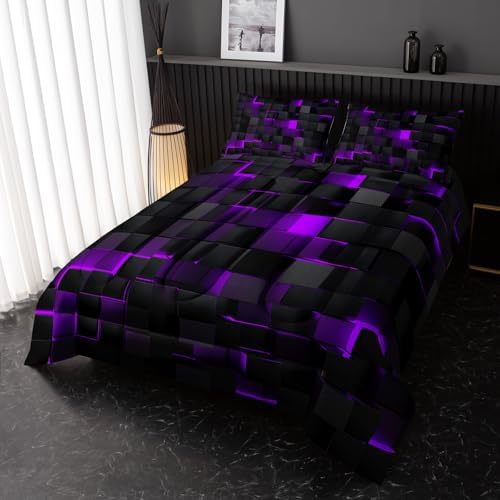Neon Purple Black Geometric Comforter Set Queen 3PCS