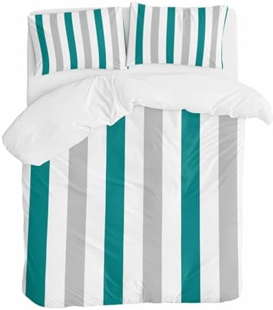 ZOE GARDEN Teal Grey Striped Duvet Cover Queen Set