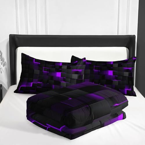 Neon Purple Black Geometric Comforter Set Queen 3PCS
