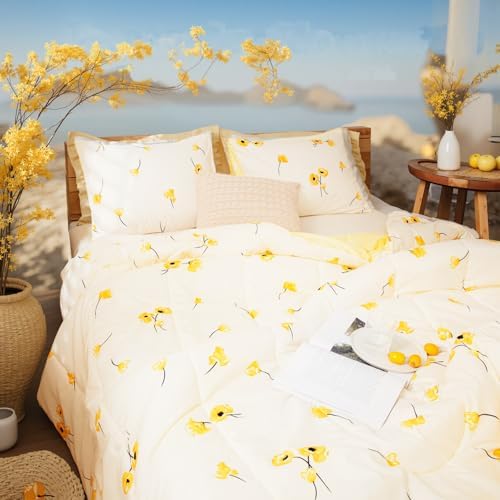 Bedorm Yellow Floral Comforter Set Twin Size