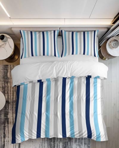 ZOE GARDEN Navy Blue Stripe Queen Duvet Cover Set 3 pcs
