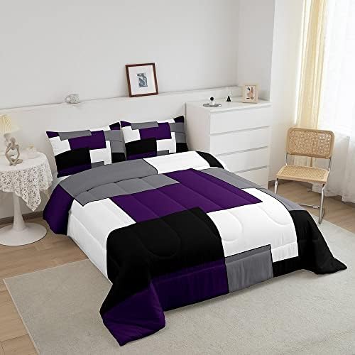 Erosebridal Grey Purple White Black Geometry Comforter Set Queen