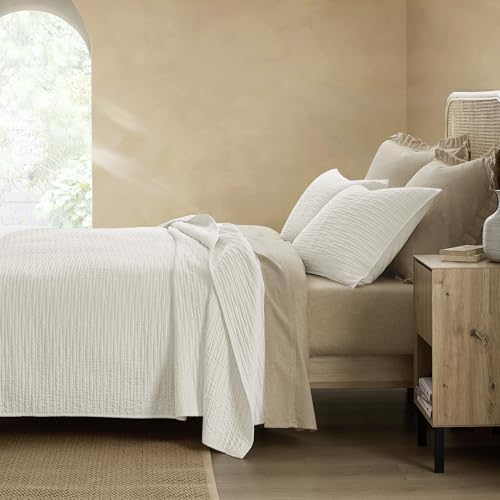Wonderful Natural Linen Cotton Quilt - White Wave Stitched Queen Size