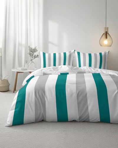 ZOE GARDEN Teal Grey Striped Duvet Cover Queen Set