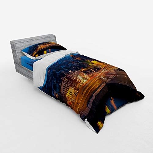 Ambesonne City Duvet Cover Set - Amsterdam Night View Twin XL Blue Marigold Tan