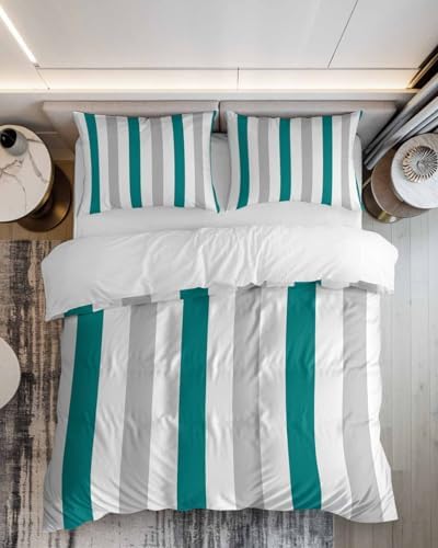 ZOE GARDEN Teal Grey Striped Duvet Cover Queen Set