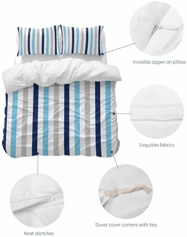 ZOE GARDEN Navy Blue Stripe Queen Duvet Cover Set 3 pcs