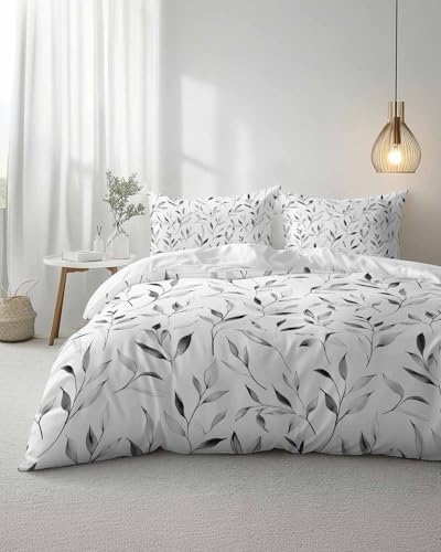 ZOE GARDEN Gray Leaf Bed Duvet Cover Queen Set