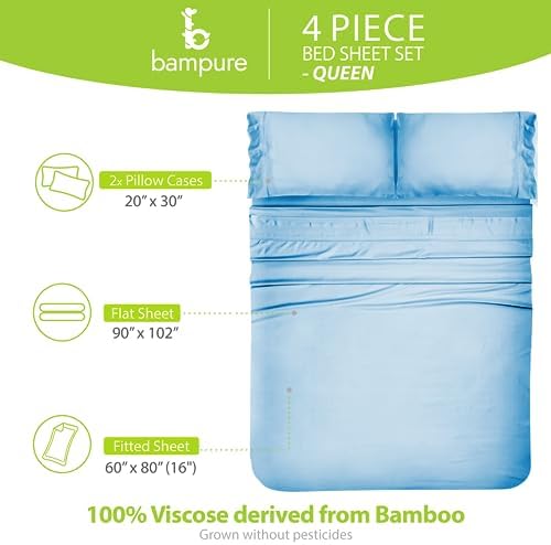 BAMPURE Luxury Bamboo Queen Sheet Set - Super Soft Cooling 100 Viscose