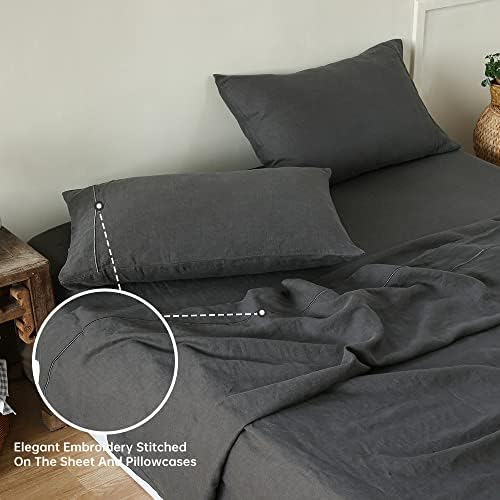 SimpleOpulence Queen Linen Sheet Set with Embroidery 4 pcs - Dark Grey