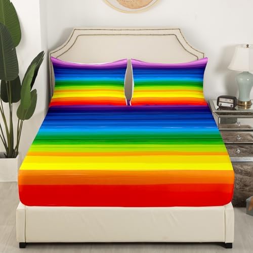 Feelyou Gradient Rainbow Stripes Bed Sheet Set 4Pcs King Size