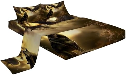 Moonlight Landscape Fitted Sheet Set with Wolf Eagle Design
