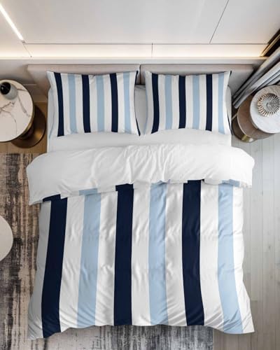 ZOE GARDEN Blue Vertical Stripes Duvet Cover Queen Set 1