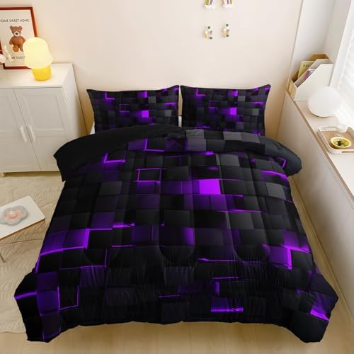 Neon Purple Black Geometric Comforter Set Queen 3PCS