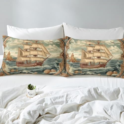 Manfei Nautical Kids Fitted Sheet Set - Blue Beige Ocean Adventure