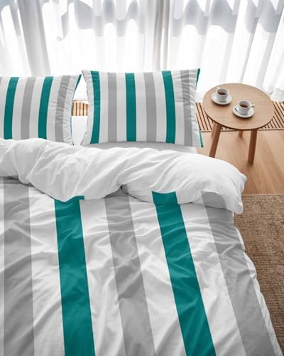 ZOE GARDEN Teal Grey Striped Duvet Cover Queen Set