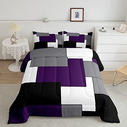 Erosebridal Grey Purple White Black Geometry Comforter Set Queen