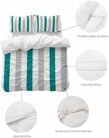 ZOE GARDEN Teal Grey Striped Duvet Cover Queen Set