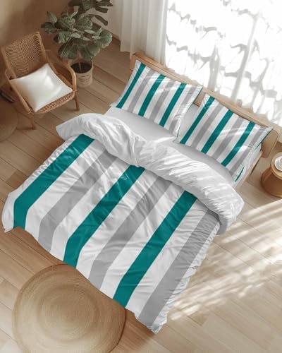 ZOE GARDEN Teal Grey Striped Duvet Cover Queen Set