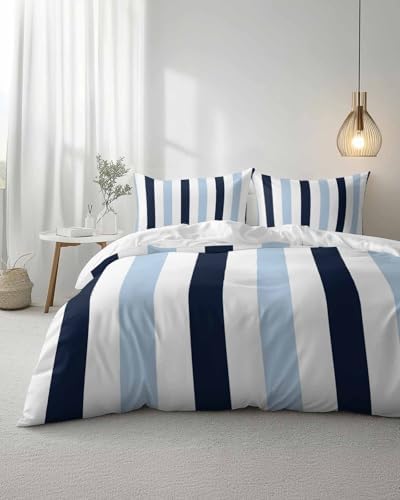 ZOE GARDEN Blue Vertical Stripes Duvet Cover Queen Set 1