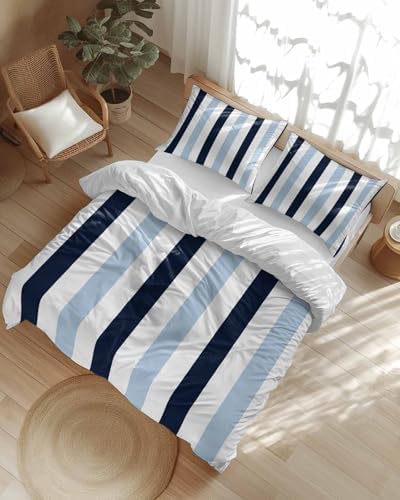 ZOE GARDEN Blue Vertical Stripes Duvet Cover Queen Set 1
