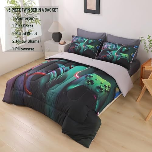 6 Pieces Gamer Comforter Set Twin for Boys