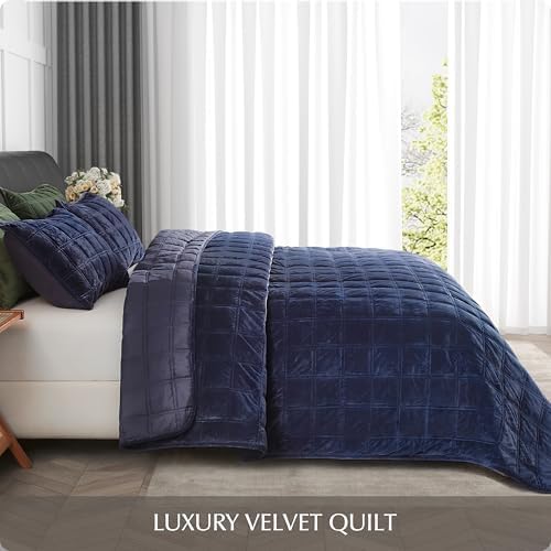 Fleeco 92 x 96 Velvet Quilt Set Queen Size Navy Blue