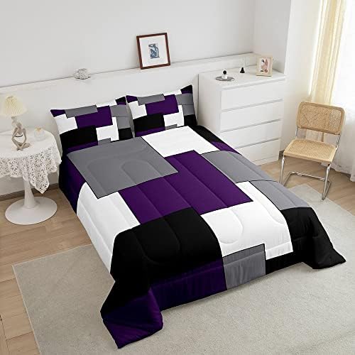 Erosebridal Grey Purple White Black Geometry Comforter Set Queen