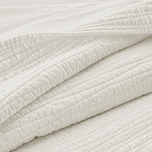 Wonderful Natural Linen Cotton Quilt - White Wave Stitched Queen Size