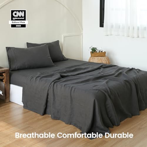 SimpleOpulence Queen Linen Sheet Set with Embroidery 4 pcs - Dark Grey