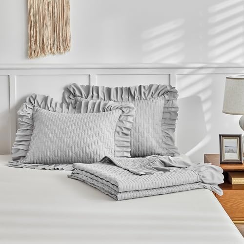 UOZZI BEDDING Ruffled Quilt Set King Size 96x108 Gray