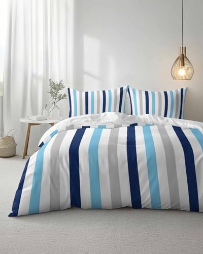 ZOE GARDEN Navy Blue Stripe Queen Duvet Cover Set 3 pcs