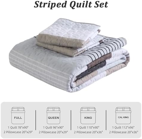 Dinjoy Grey Boho Quilt Set Queen Size Striped Patchwork 1