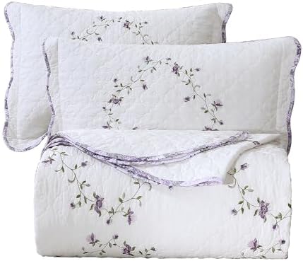 Vctops 3-Piece Floral Embroidered Quilt Set Twin