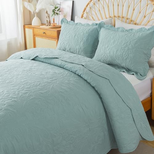 HoneiLife King Quilt Bedding Set - 3 Pieces Silt Green Microfiber Quilt