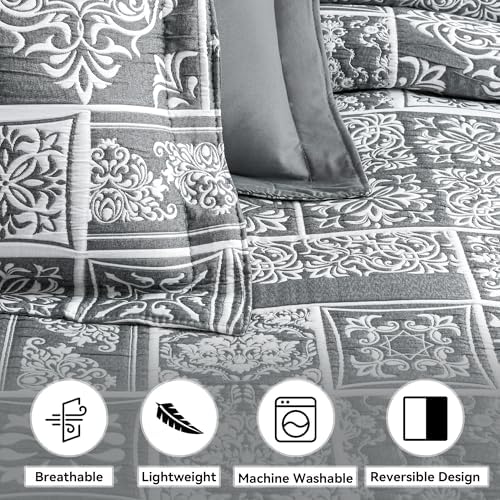 Asuexpect 3 Piece Grey Patchwork Bedspread Set King Size 1