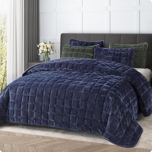 Fleeco 92 x 96 Velvet Quilt Set Queen Size Navy Blue