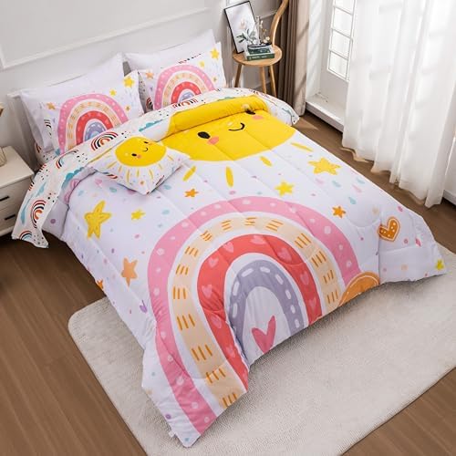 Btargot 5 Piece Pink Rainbow Comforter Set for Kids