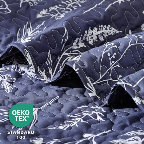 JANZAA Queen Size Navy Blue Floral Quilt Set