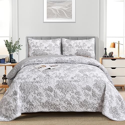 WONGS BEDDING Grey Quilt Set Queen 3 Piece Reversible