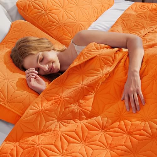 Whale Flotilla Queen Quilt Set 3-Piece Soft Orange Geometric Star Pattern Bedding