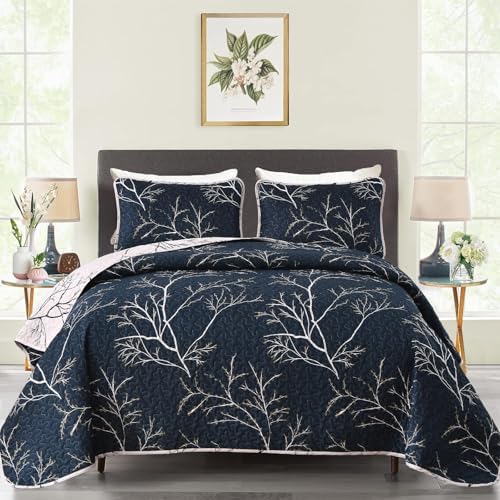 DJY 3 Piece Navy Floral Reversible Quilt Set